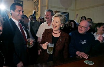 Hillary Clinton throwing back a brew, Bronko's Restaurant and Lounge, Crown Point, Indiana, 12 April 2008