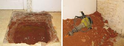 the hole | the offending pipe | the dirt | the tool