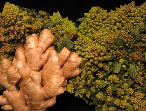 Romanesco broccoli from the Mt. Pleasant farmers' market and ginger, 29 October 2011