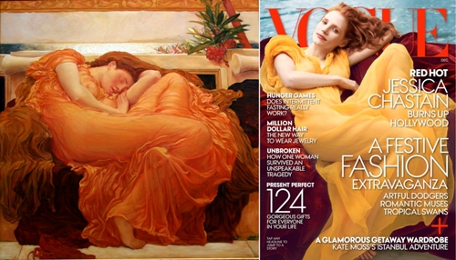 Annie Leibovitz's December 2013 Vogue cover, Jennifer Chastain as Frederic Leighton's Flaming June